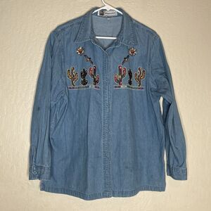 Passion Cactus Desert Blue Denim Long Sleeve Button Up Shirt Women’s Size L